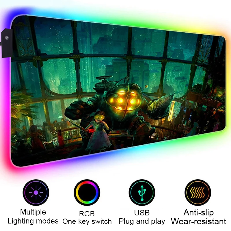 RGB LED Bioshock Mouse Pad Gamer Accessories Mausepad Pc Gaming Rug Desk Mat Varmilo Mice Keyboards 8 - Bioshock Merch