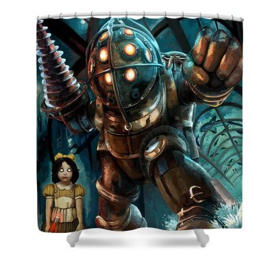Bioshock Big Daddy and Little Sister Swimming with the Sharks Shower Curtain